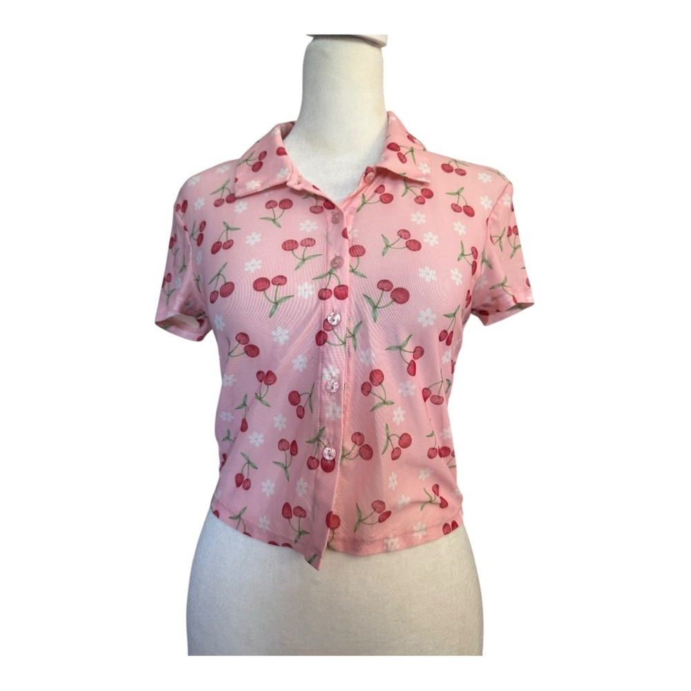 Hazel Moon Cherry Print Pink Button-Up Women's Crop Top Small
